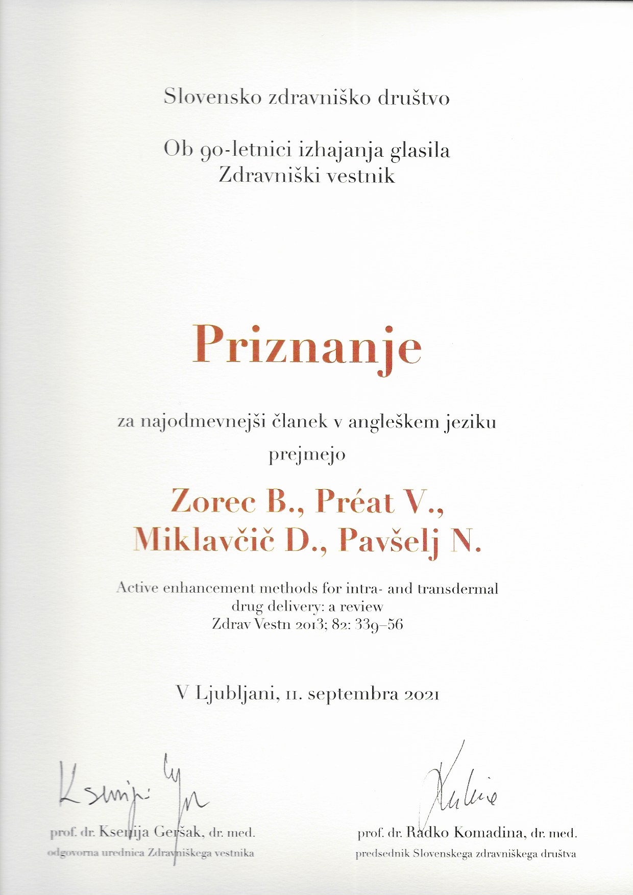 Most influential Slovenian Medical Journal paper in English award goes to one of papers authored in the Laboratory of biocybernetics